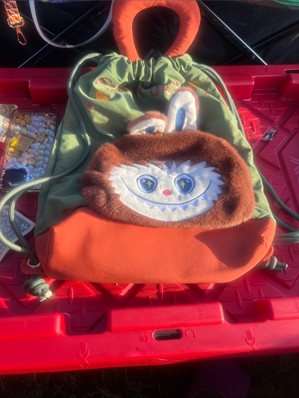 Kids Plush Monster Drawstring Bag - Green & Orange